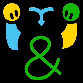 an arrow pointing from two people to an ampersand. all yellow blue and green with a black background 